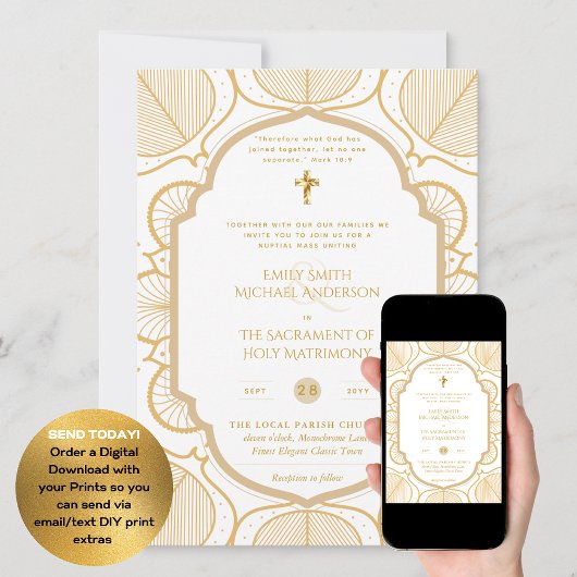 Invitation Gold White Ornate catholique Mariage de messe