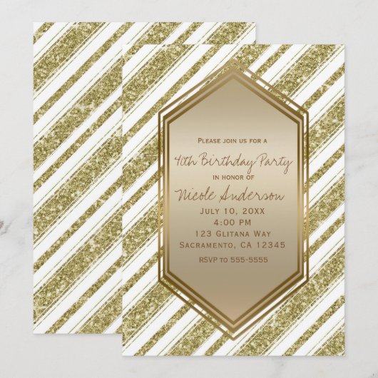 Invitation Gold White Parties scintillant Stripes Anniversair (Devant / Derrière)