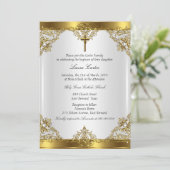Invitation Gold White Pearl Damask Cross Baptism Christening (Debout devant)