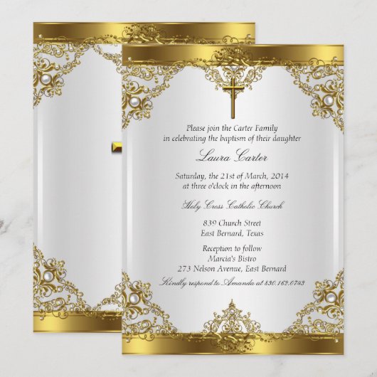 Invitation Gold White Pearl Damask Cross Baptism Christening (Devant / Derrière)