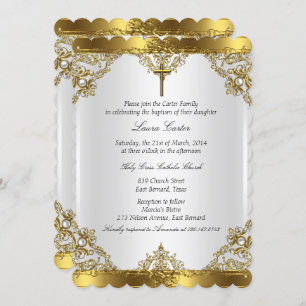 Invitation Gold White Pearl Damask Cross Baptism Christening