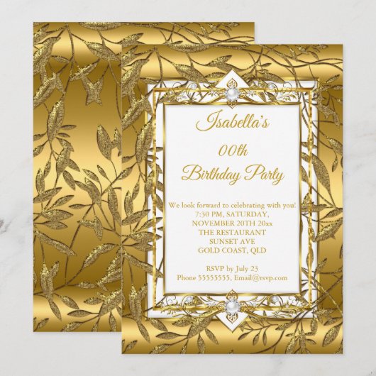 Invitation Gold White Pearl Damask Floral fête d'anniversaire (Devant / Derrière)