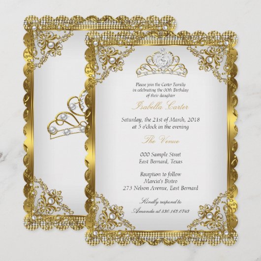 Invitation Gold White Pearl Lace Damask Tiara fête d'annivers (Devant / Derrière)