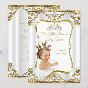 Invitation Gold White Pearl Princess Baby shower Brunette