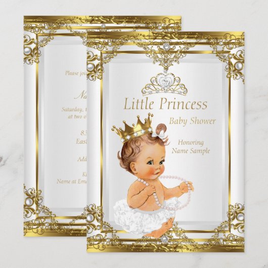 Invitation Gold White Pearl Princess Baby shower Brunette (Devant / Derrière)
