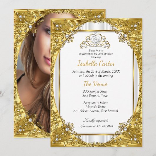Invitation Gold White Pearl Tiara Photo Anniversaire (Devant / Derrière)