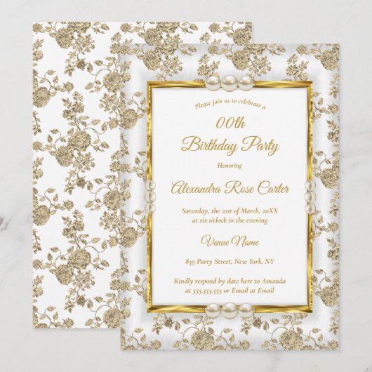Invitation Gold White Pearl Vintage Damask Rose Anniversaire (Devant / Derrière)