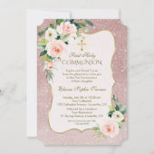 Invitation Gold White Rose Floral Première Communion sainte (Devant)