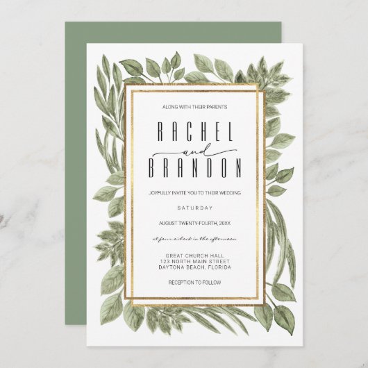 Invitation Gold White Sage Vert verdure Mariage Aquarelle (Devant / Derrière)