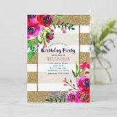 Invitation Gold & White Stripes Bold Floral fête d'anniversai (Debout devant)