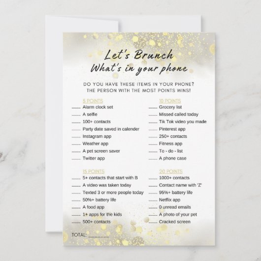Invitation Gold White What's In Your Phone Brunch Party Jeu (Devant)