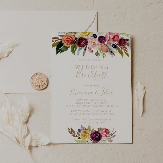 Invitation Gold Wild Feather Boho Tropical Mariage Petit déje
