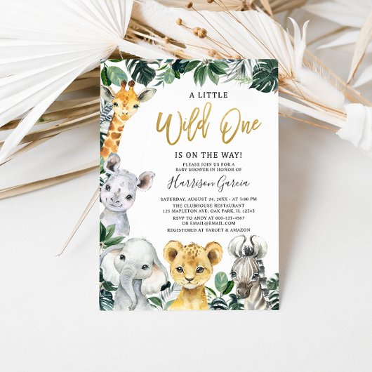 Invitation Gold Wild One Safari Jungle Animaux Baby shower