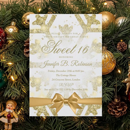 Invitation Gold Winter Glitter Bow Sweet 16 Birthday Party