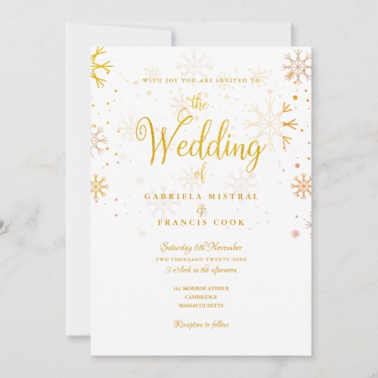 Invitation Gold Winter Snowflakes Élégant Mariage Script (Devant)