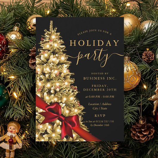 Invitation Gold Xmas Tree Red Bow Corporate Holiday Party 