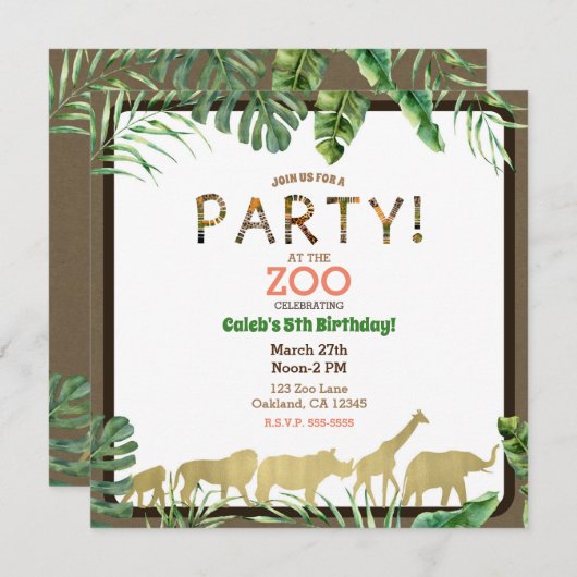 Invitation Gold Zoo Animaux Jungle Safari fête d'anniversaire (Devant / Derrière)