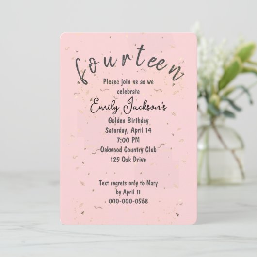 Invitation Golden 14th Birthday Golden Confetti On Blush Pink (Debout devant)