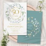 Invitation Golden 50th Mariage Anniversaire Laurel Green<br><div class="desc">Une guirlande décorative de verdure de laurier entoure une fausse bordure en feuille d'or contenant un texte de 50 ans. Vous trouverez ci-dessous les détails de votre événement anniversaire dans un texte classique et élégant. Le verso présente les noms du couple marié dans une guirlande à feuille florale et fausse...</div>