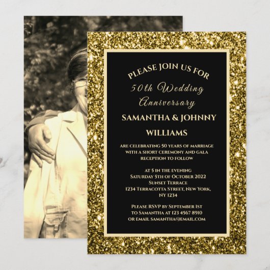 Invitation Golden 50th Mariage Anniversary Photo Gold (Devant / Derrière)