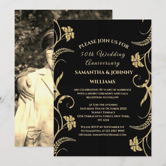 Invitation Golden 50th Mariage Anniversary Photo Gold (Devant / Derrière)