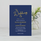 Invitation Golden And Navy Blue Script (Debout devant)