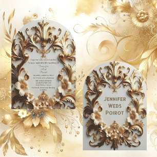 Invitation Golden Baroque Grandeur White Flower Swirl Arté
