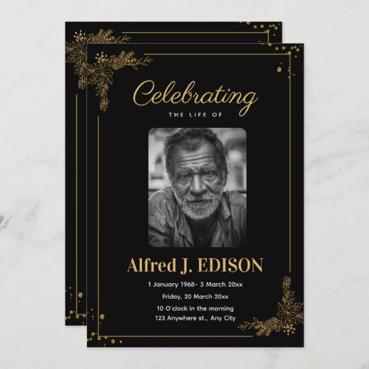 Invitation Golden Black Funeral Program, Funeral Memorial (Devant / Derrière)