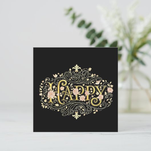 Invitation Golden Bliss: Elegant Floral Happy (Debout devant)