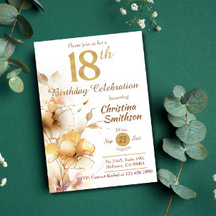 Invitation Golden Bloom - floral élégant moderne 18e annivers