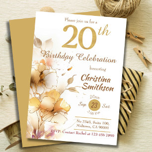 Invitation Golden Bloom - floral élégant moderne 20e annivers