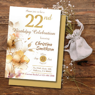 Invitation Golden Bloom - floral élégant moderne 22e annivers