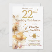 Invitation Golden Bloom - floral élégant moderne 22e annivers (Devant)