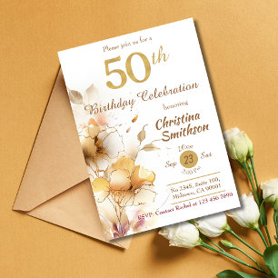 Invitation Golden Bloom - floral élégant moderne 50e annivers