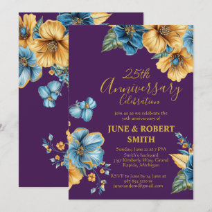 Invitation Golden Blue floral 25e anniversaire mariage