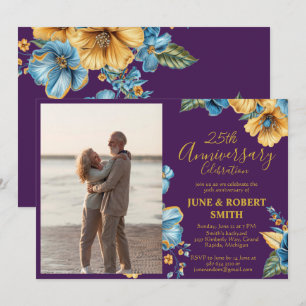 Invitation Golden Blue floral 25e anniversaire mariage