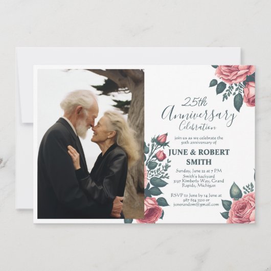 Invitation Golden Blue floral 25e anniversaire mariage (Devant)