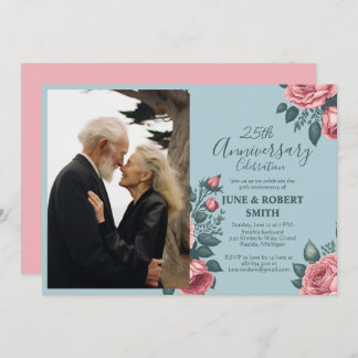 Invitation Golden Blue floral 25e anniversaire mariage