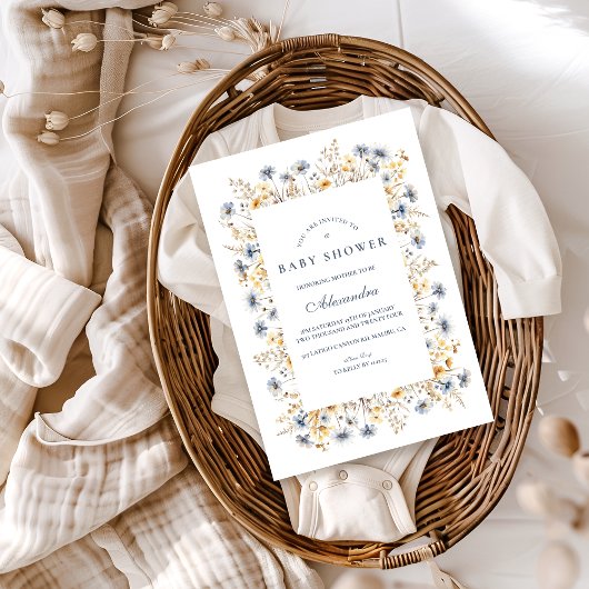 Invitation Golden Blue Wildflower Baby Shower