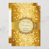 Invitation Golden Bokeh Photo 50th Birthday Party (Devant / Derrière)