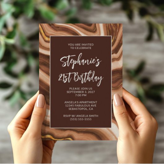 Invitation Golden Brown Faux Agate Bold 21e anniversaire