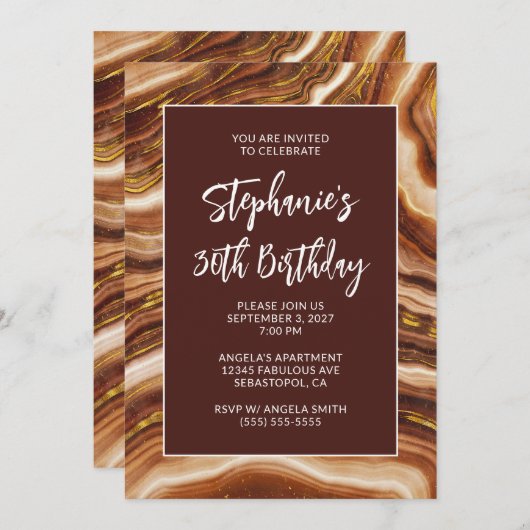Invitation Golden Brown Faux Agate Bold 30e anniversaire (Devant / Derrière)