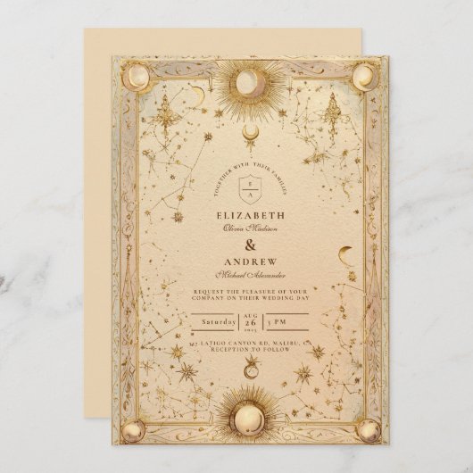 Invitation Golden Celestial Baroque Wedding (Devant / Derrière)