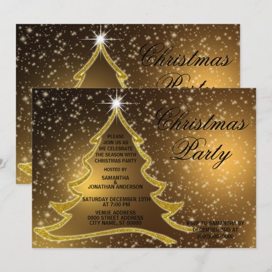 Invitation Golden Christmas Tree Sparkle Gold Holidays (Devant / Derrière)