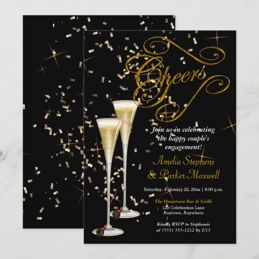 Invitation Golden Confetti Champagne à la fête d'engagement (Devant / Derrière)