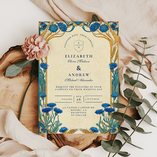 Invitation Golden Cornflower Art Nouveau Mariage