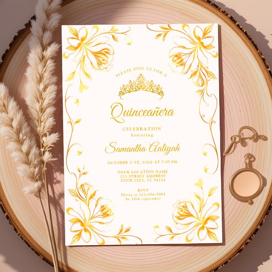 Invitation Golden Crown Luxe Or Floral Quinceañera