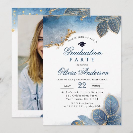 Invitation Golden Dusty Blue PHOTO Graduation Party (Devant / Derrière)