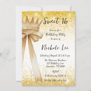 Invitation Golden & Elegance : Sweet 16 Crown & Bow