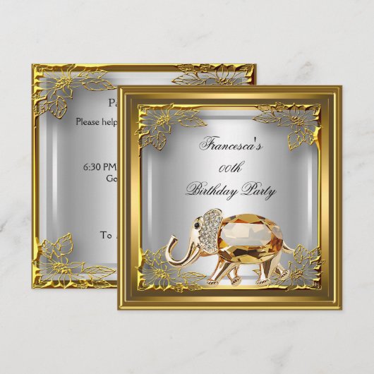 Invitation Golden Elephant Elite Élégante fête d'anniversaire (Devant / Derrière)